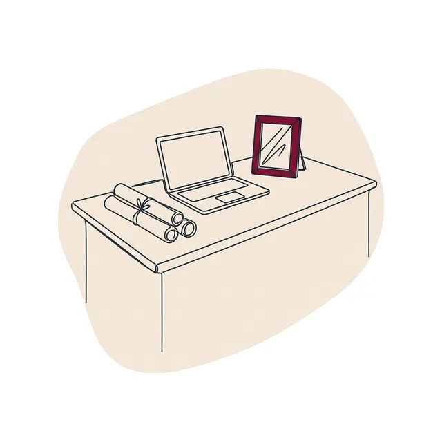 Bureau neuf avec ordinateur, plans roulés et échantillon de vitrage